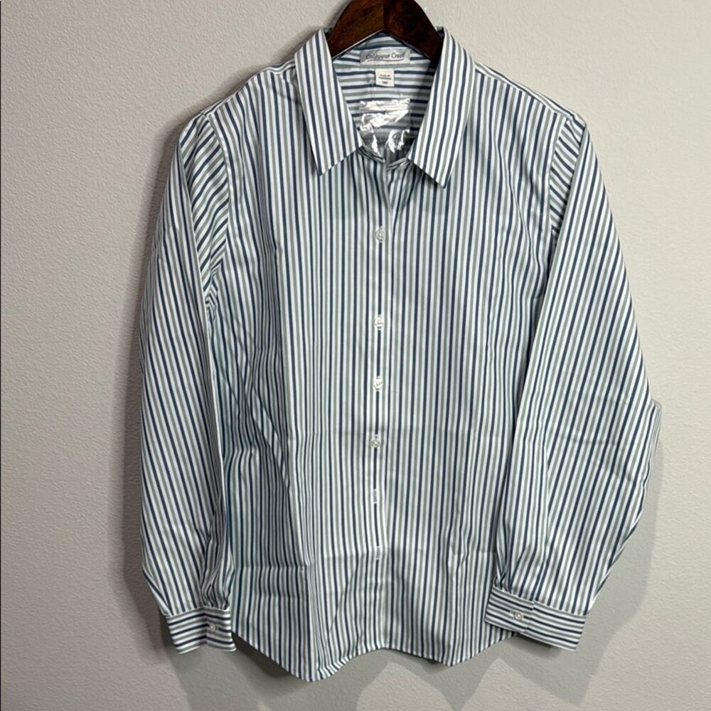Coldwater Creek Blue/Green/White Pinstripe Non-Iron Button Up Shirt Size 14P NWT